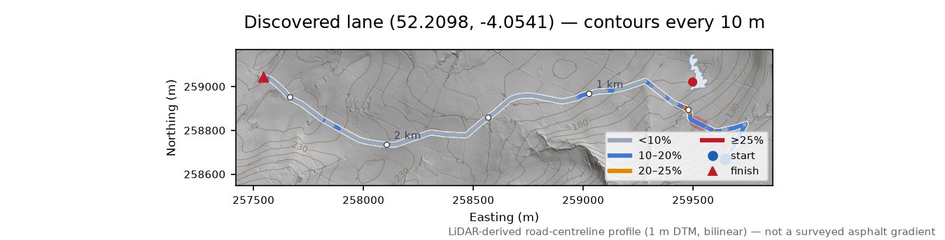 Discovered lane (52.2098, -4.0541) LiDAR hillshade map with contours