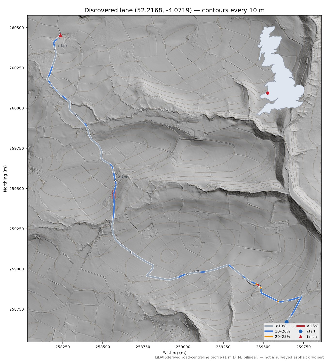 Discovered lane (52.2168, -4.0719) LiDAR hillshade map with contours