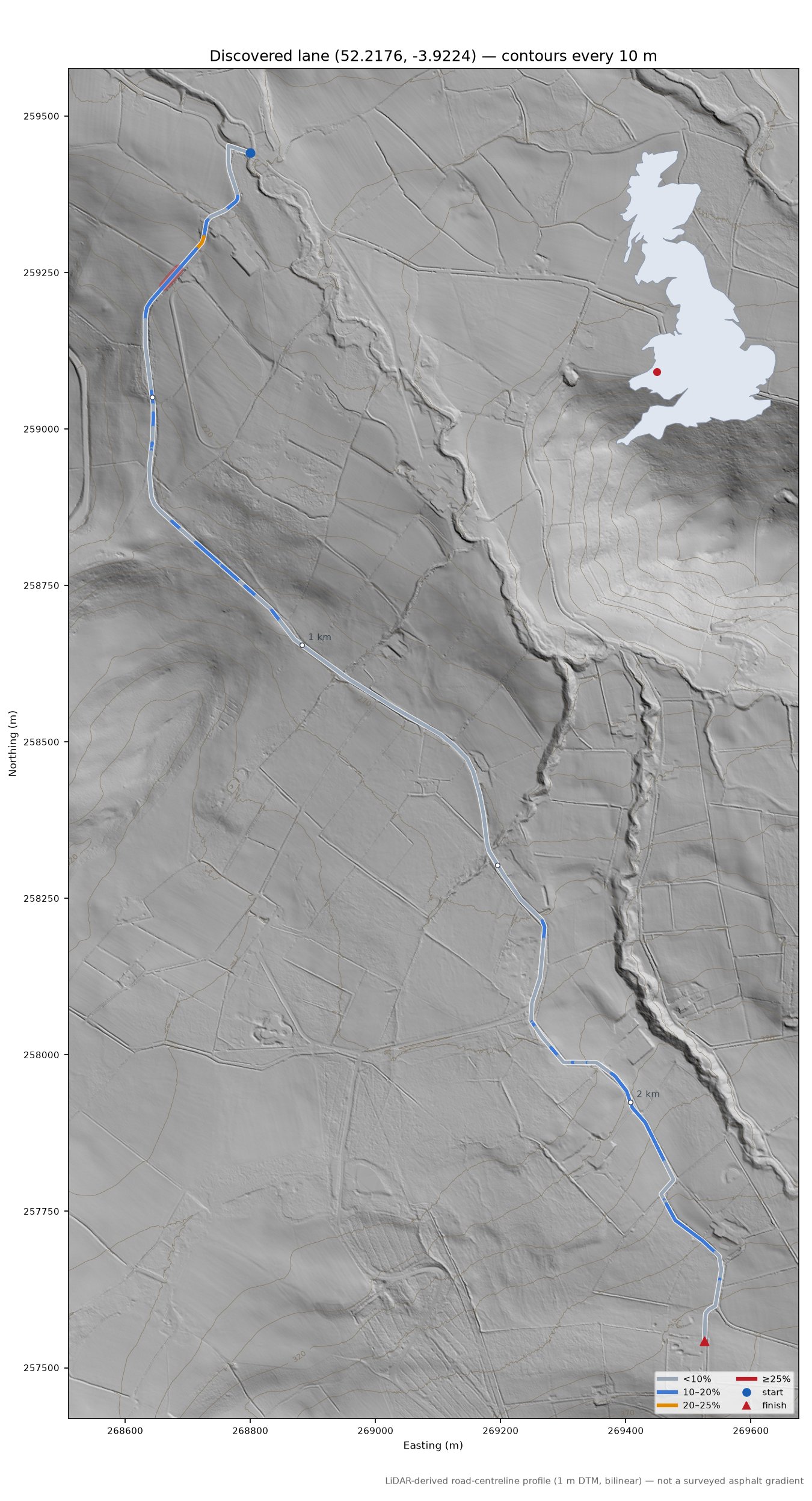 Discovered lane (52.2176, -3.9224) LiDAR hillshade map with contours