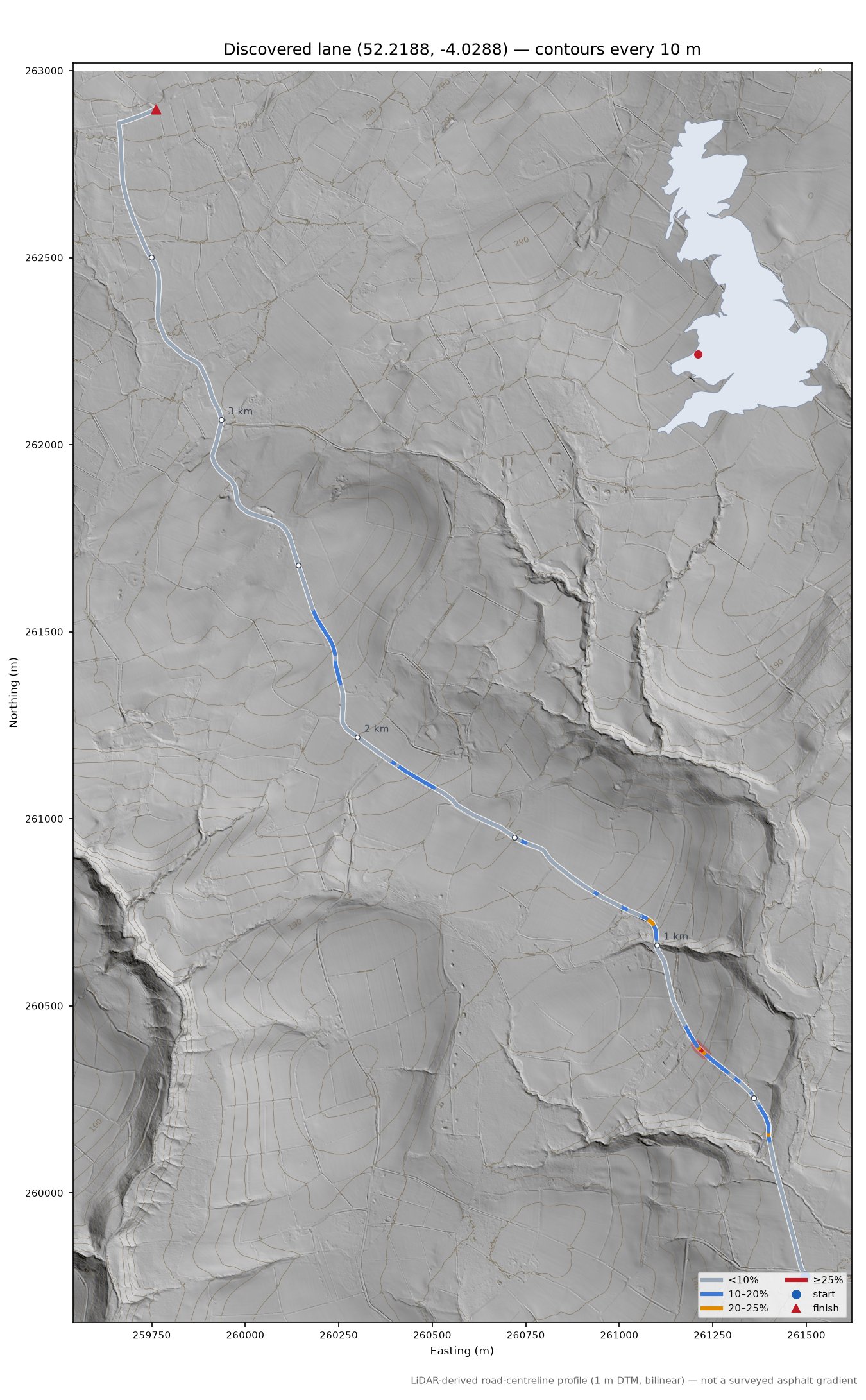Discovered lane (52.2188, -4.0288) LiDAR hillshade map with contours