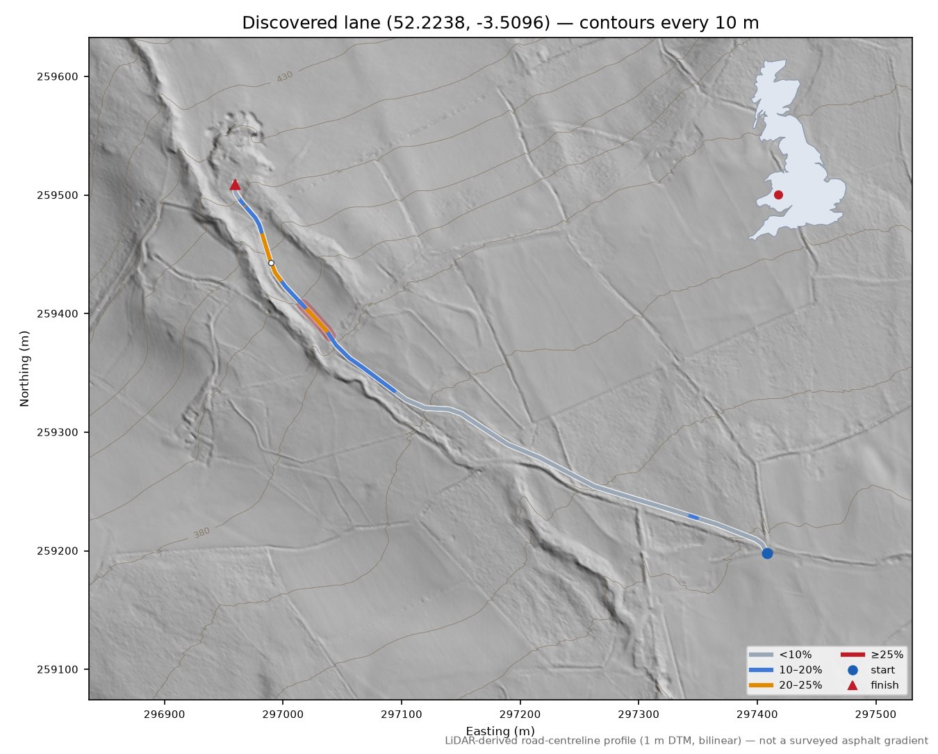 Discovered lane (52.2238, -3.5096) LiDAR hillshade map with contours