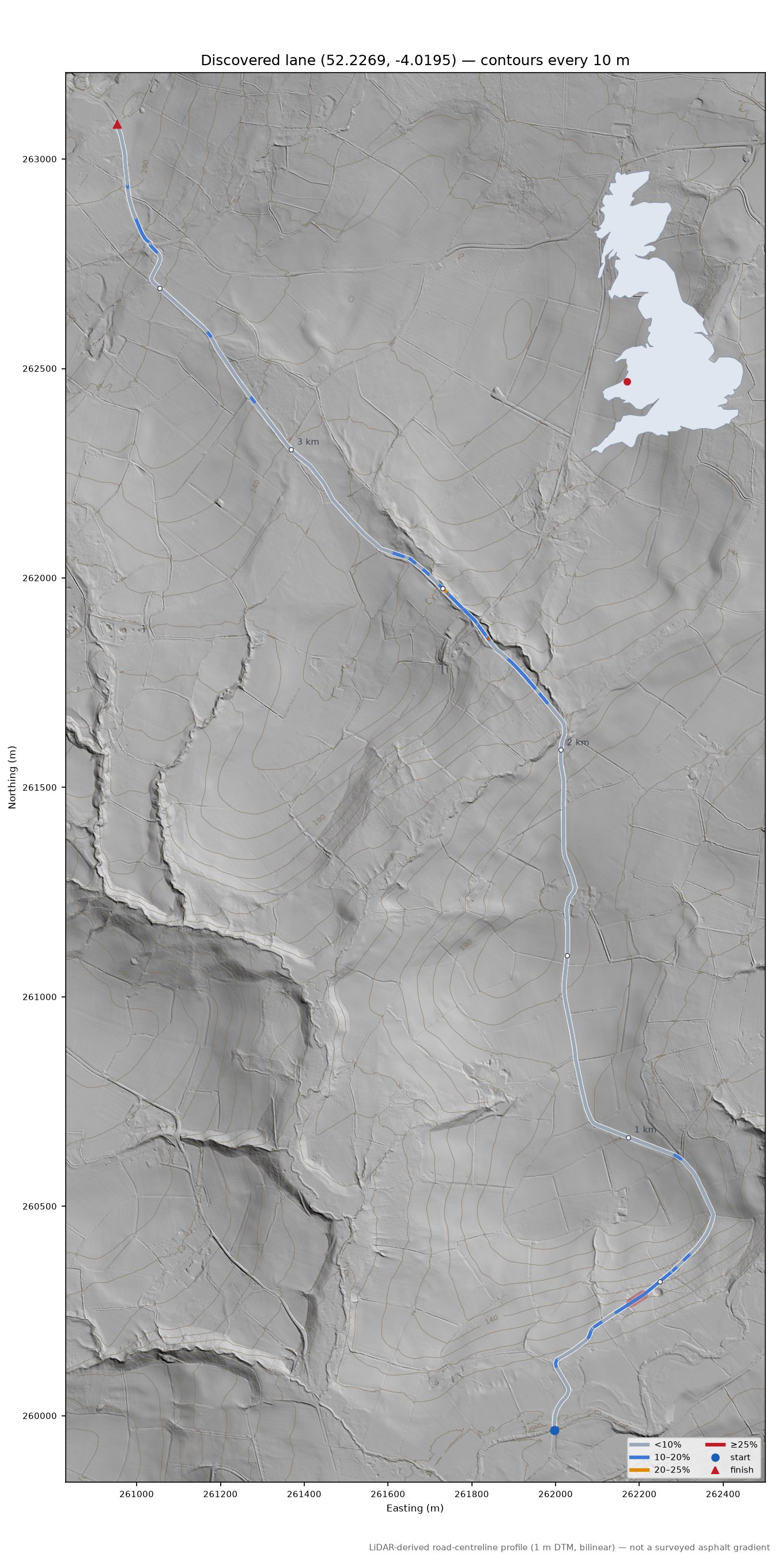 Discovered lane (52.2269, -4.0195) LiDAR hillshade map with contours