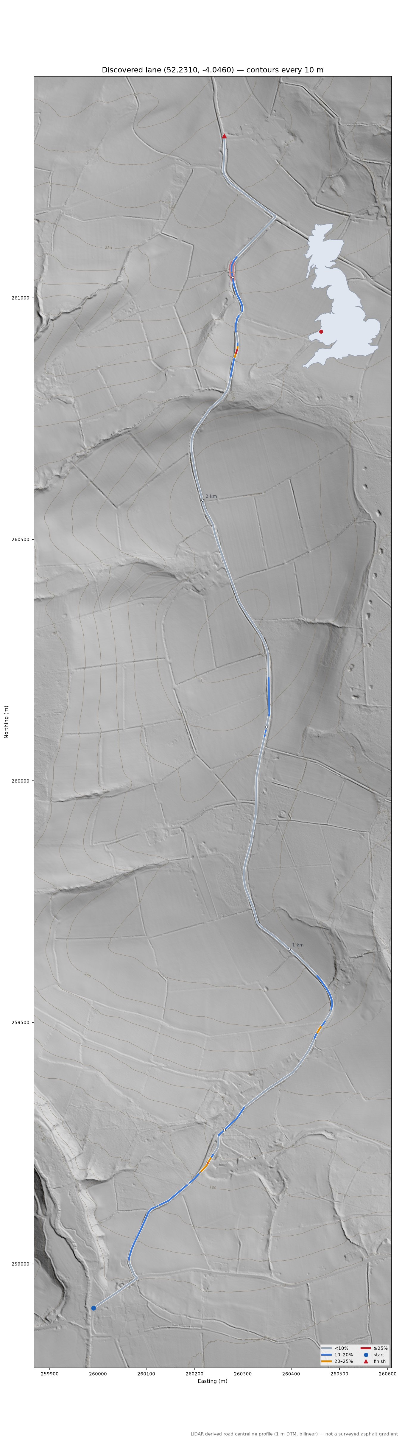 Discovered lane (52.2310, -4.0460) LiDAR hillshade map with contours