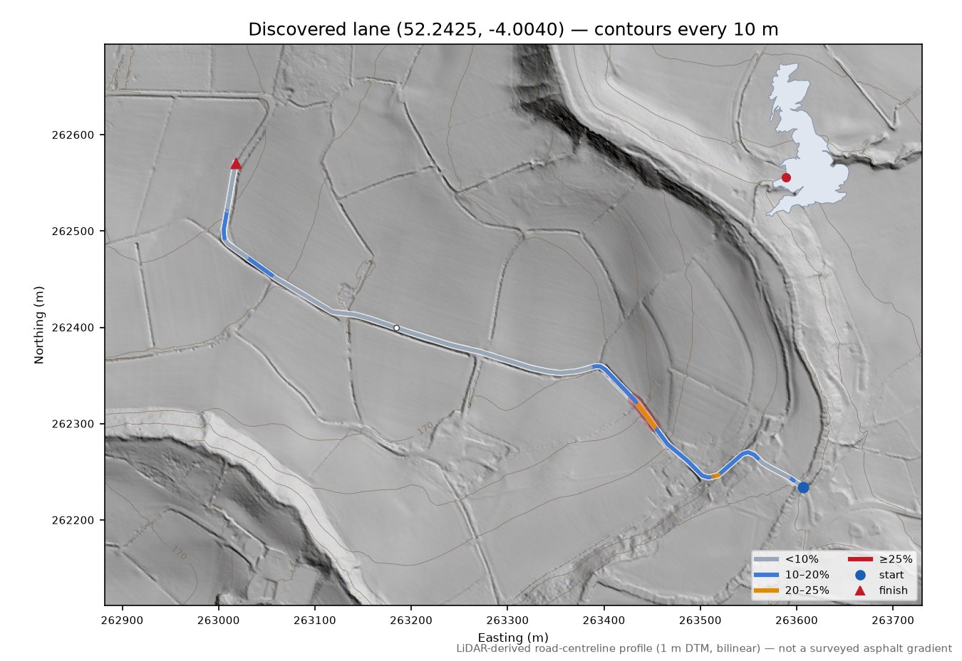 Discovered lane (52.2425, -4.0040) LiDAR hillshade map with contours