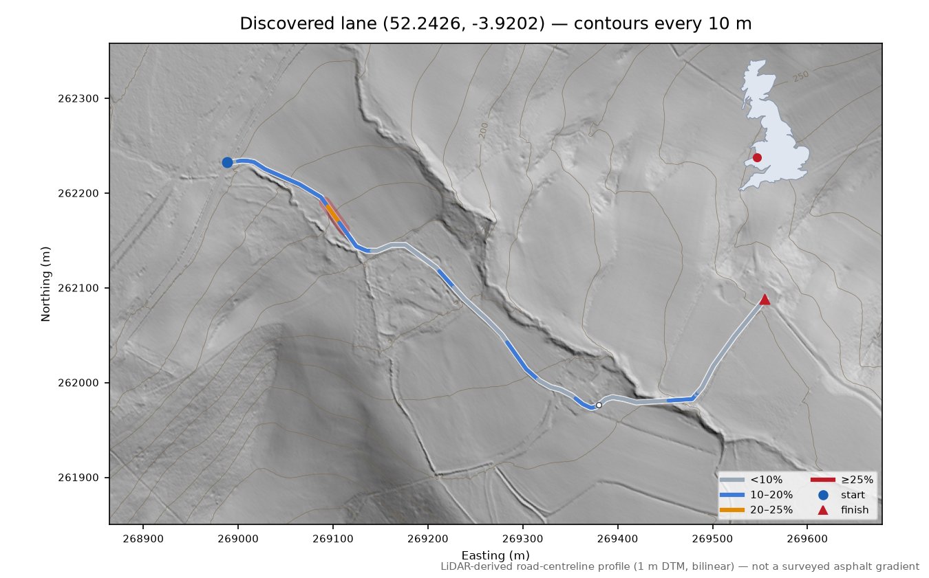 Discovered lane (52.2426, -3.9202) LiDAR hillshade map with contours
