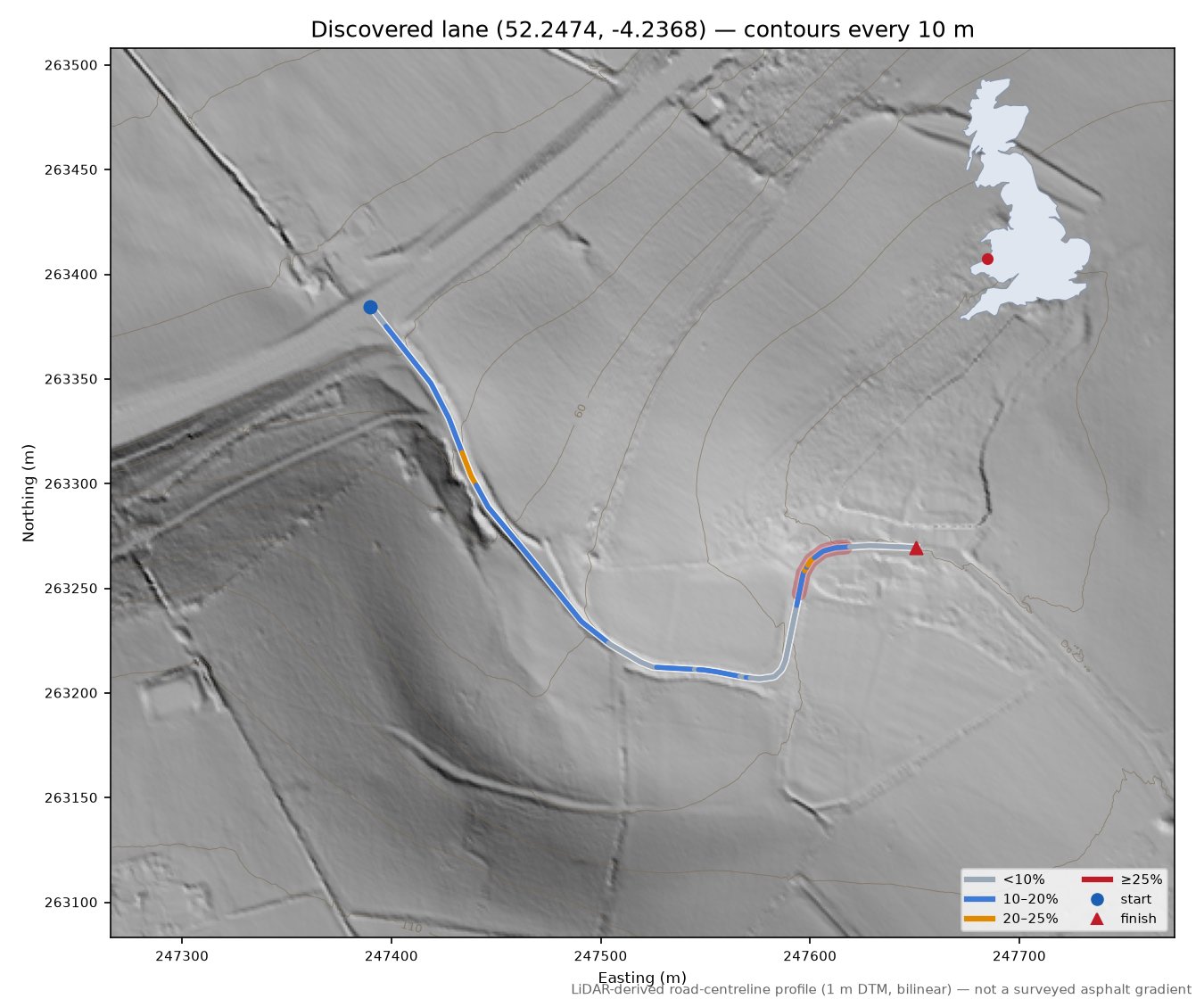 Discovered lane (52.2474, -4.2368) LiDAR hillshade map with contours