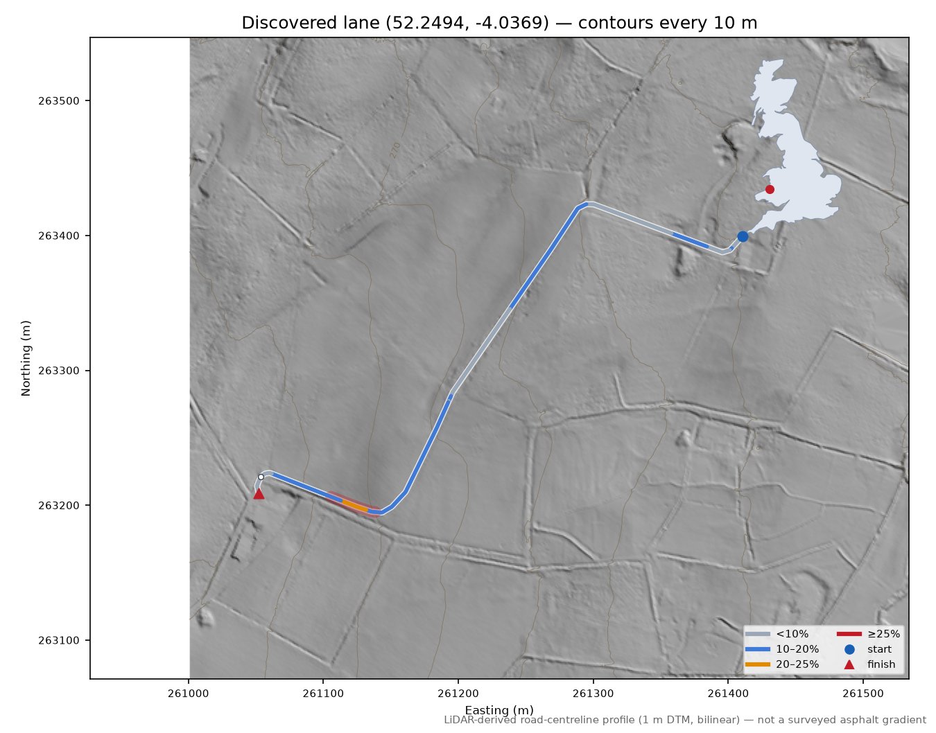 Discovered lane (52.2494, -4.0369) LiDAR hillshade map with contours