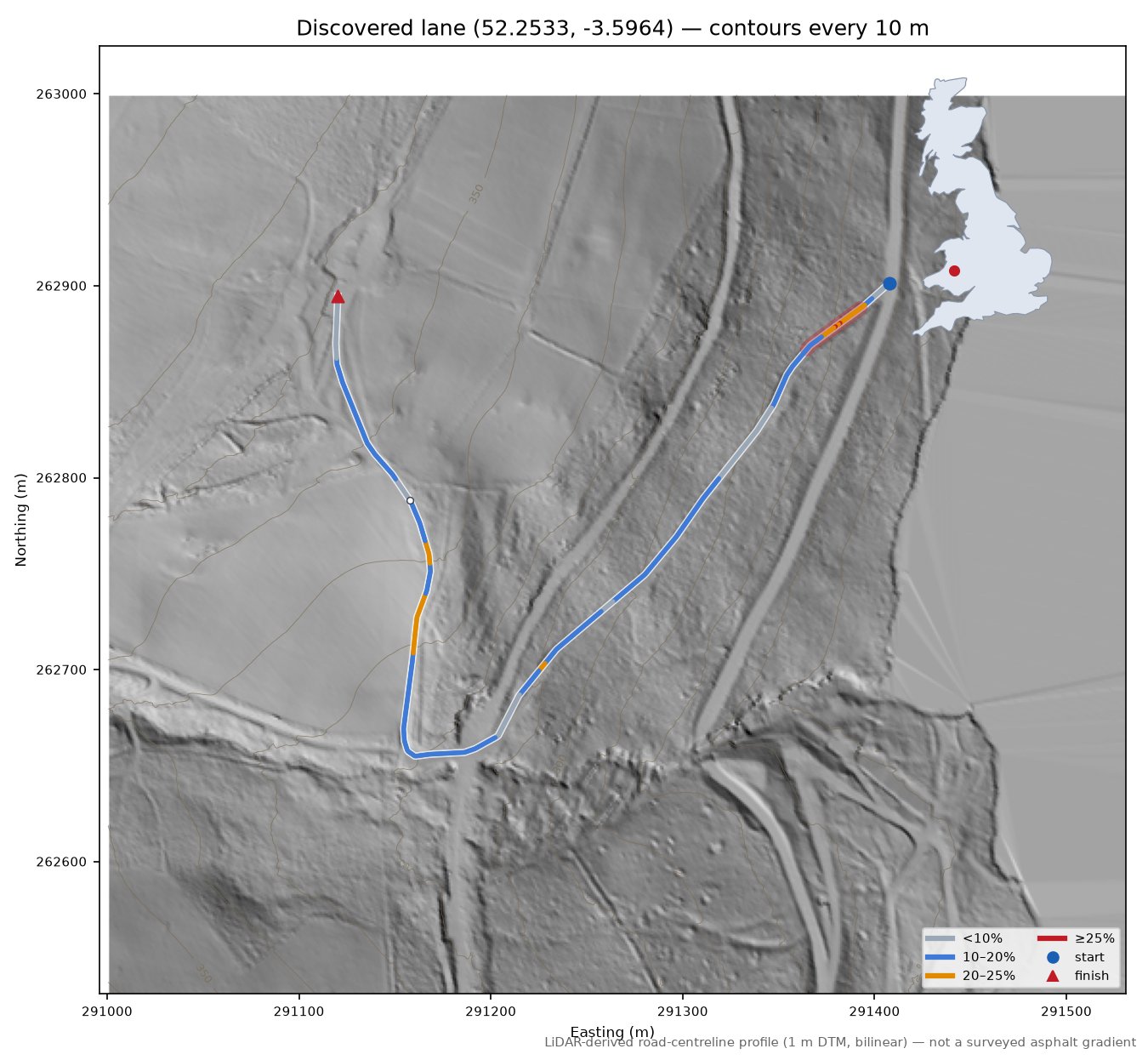 Discovered lane (52.2533, -3.5964) LiDAR hillshade map with contours