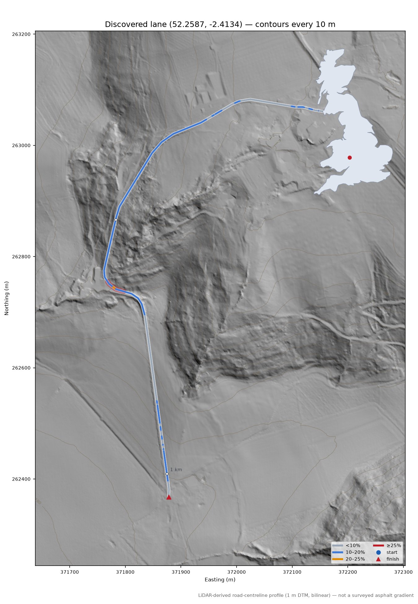 Discovered lane (52.2587, -2.4134) LiDAR hillshade map with contours
