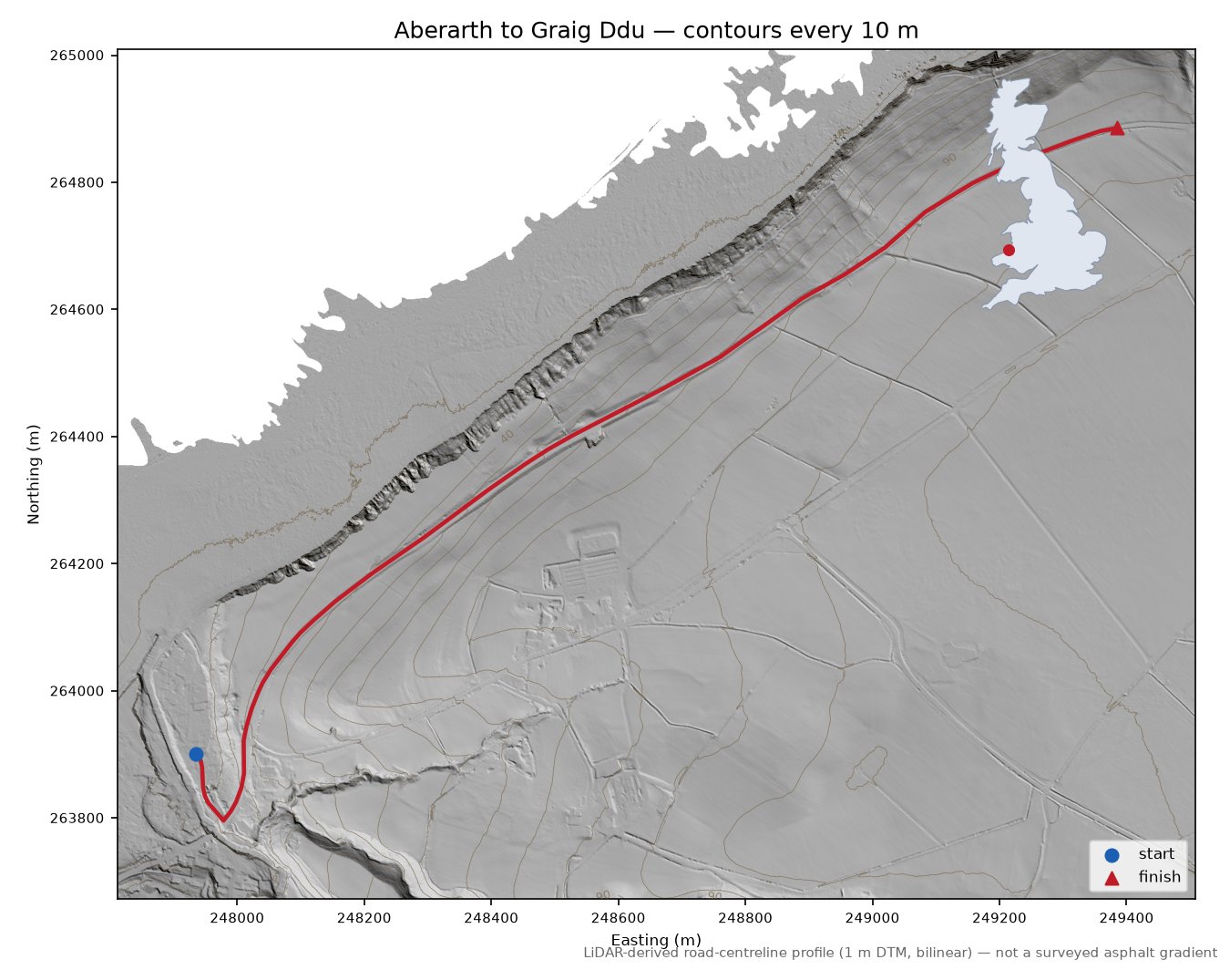 Aberarth to Graig Ddu LiDAR hillshade map with contours
