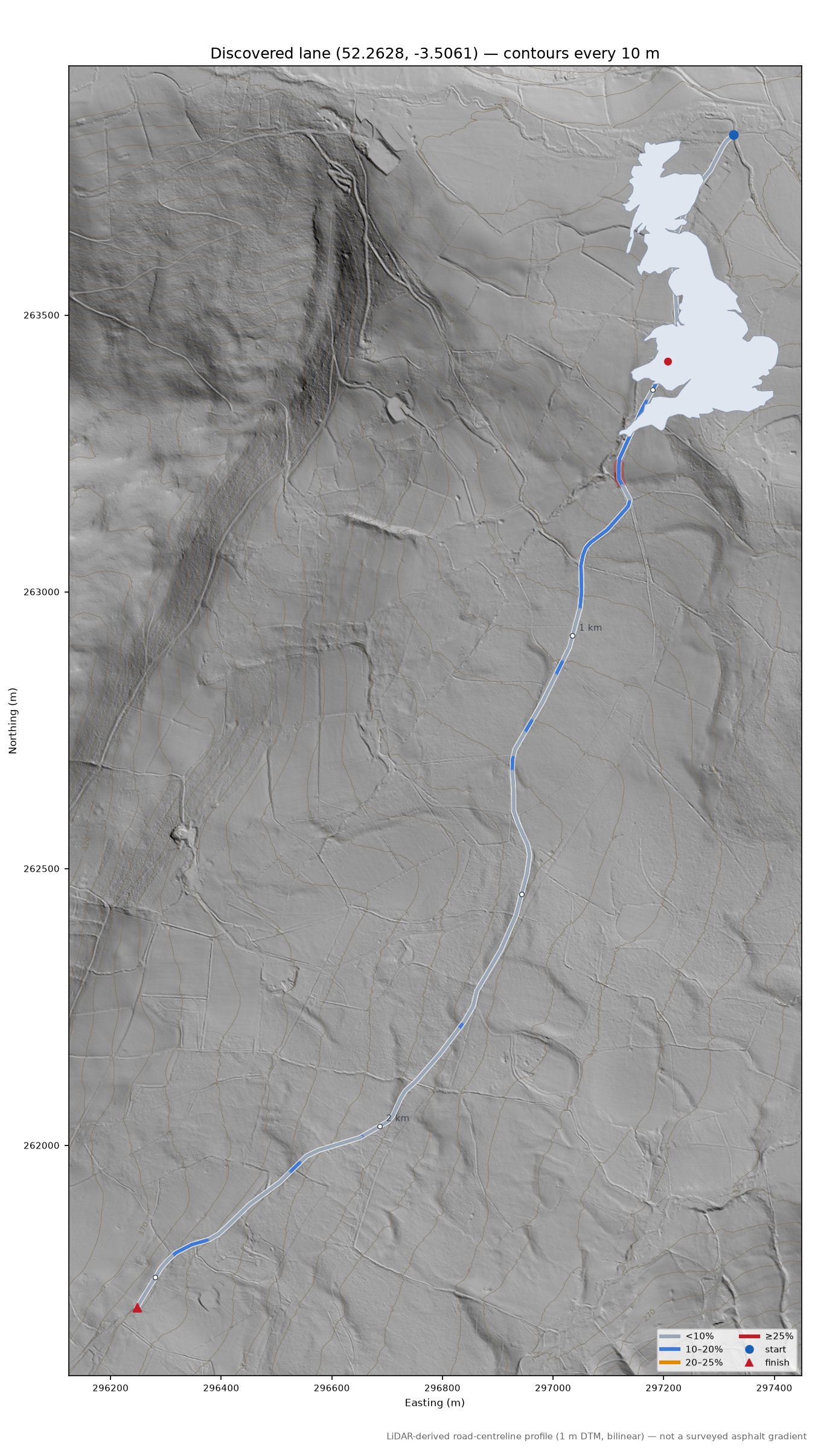 Discovered lane (52.2628, -3.5061) LiDAR hillshade map with contours