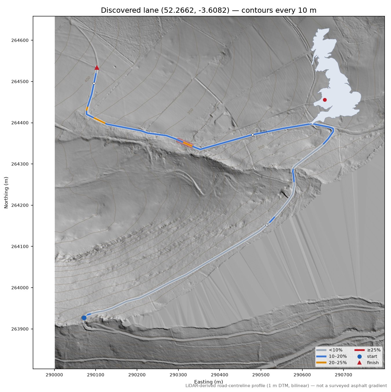 Discovered lane (52.2662, -3.6082) LiDAR hillshade map with contours