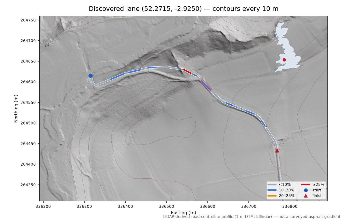 Discovered lane (52.2715, -2.9250) LiDAR hillshade map with contours