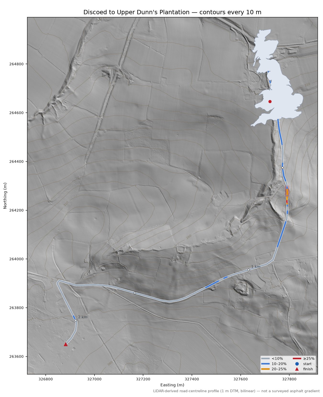 Discoed to Upper Dunn's Plantation LiDAR hillshade map with contours