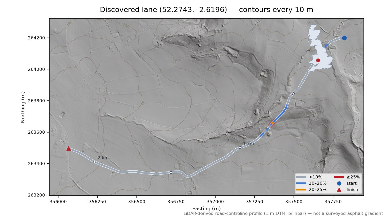 Discovered lane (52.2743, -2.6196) LiDAR hillshade map with contours