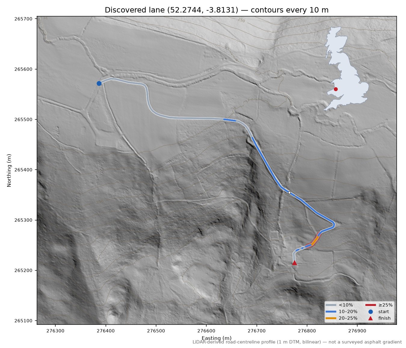 Discovered lane (52.2744, -3.8131) LiDAR hillshade map with contours