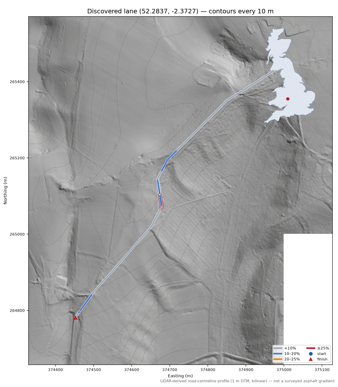 Discovered lane (52.2837, -2.3727) LiDAR hillshade map with contours