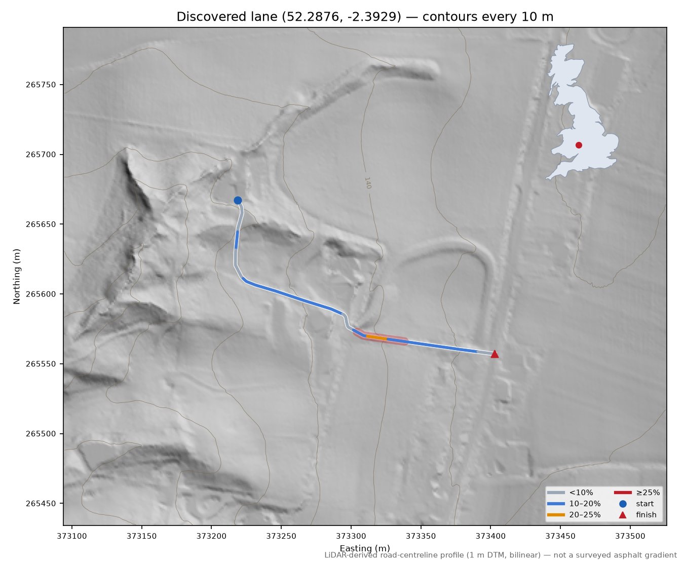 Discovered lane (52.2876, -2.3929) LiDAR hillshade map with contours