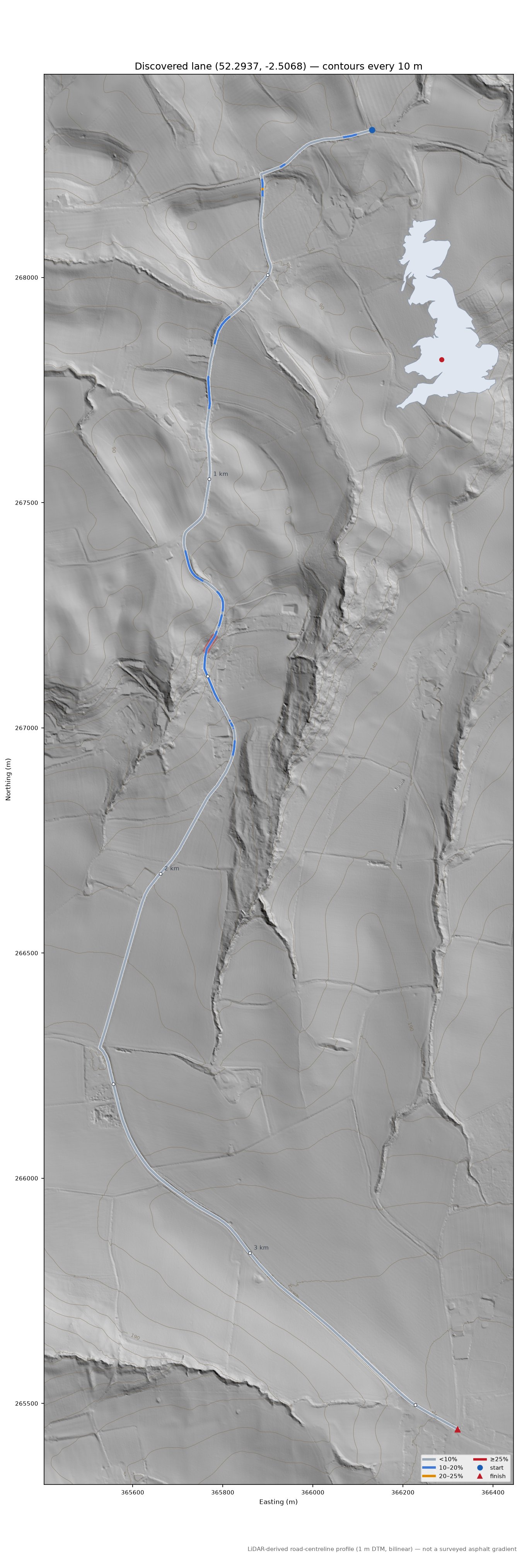 Discovered lane (52.2937, -2.5068) LiDAR hillshade map with contours