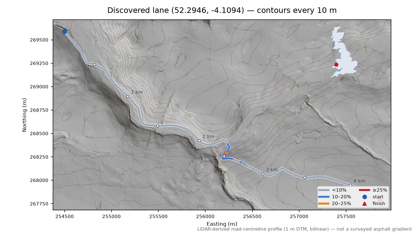 Discovered lane (52.2946, -4.1094) LiDAR hillshade map with contours