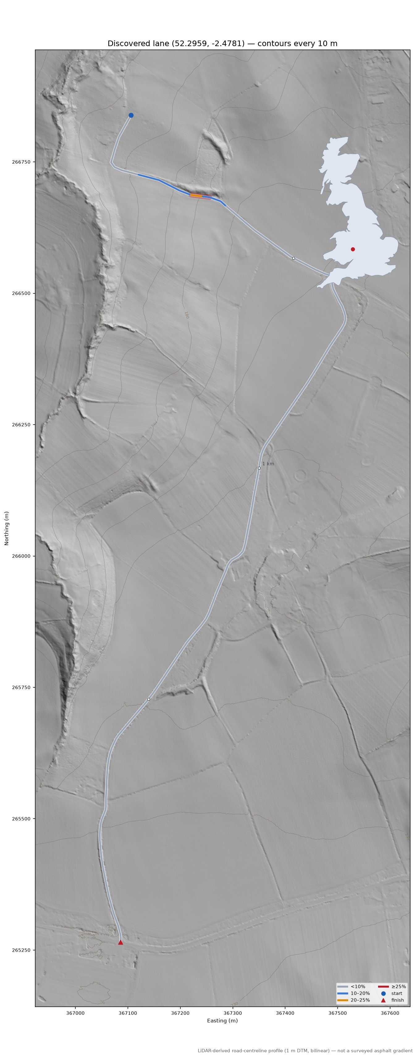 Discovered lane (52.2959, -2.4781) LiDAR hillshade map with contours
