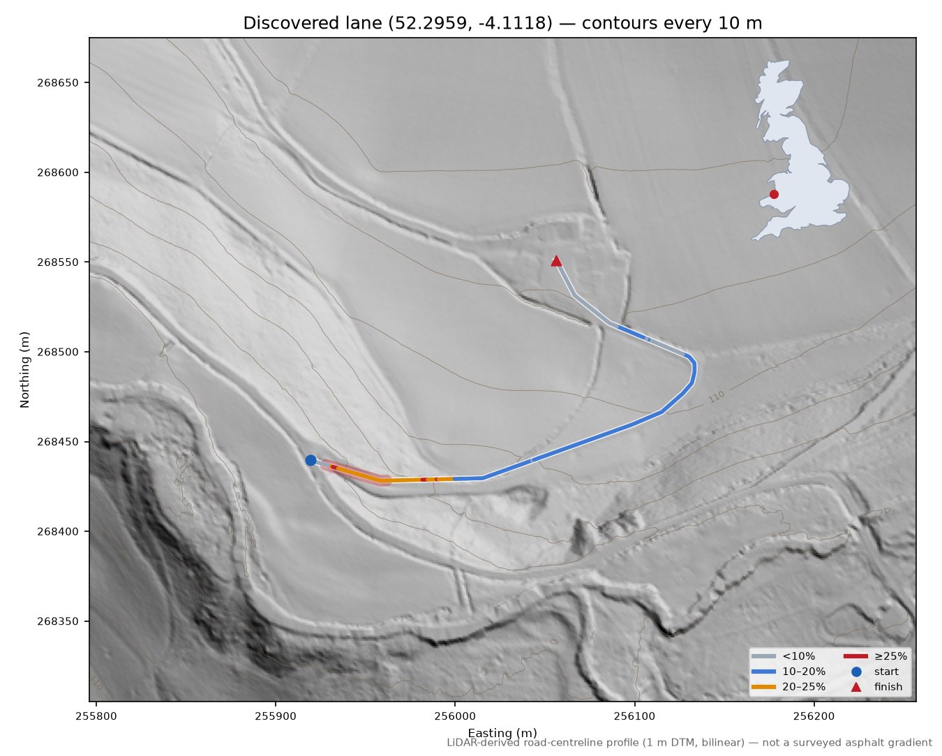 Discovered lane (52.2959, -4.1118) LiDAR hillshade map with contours