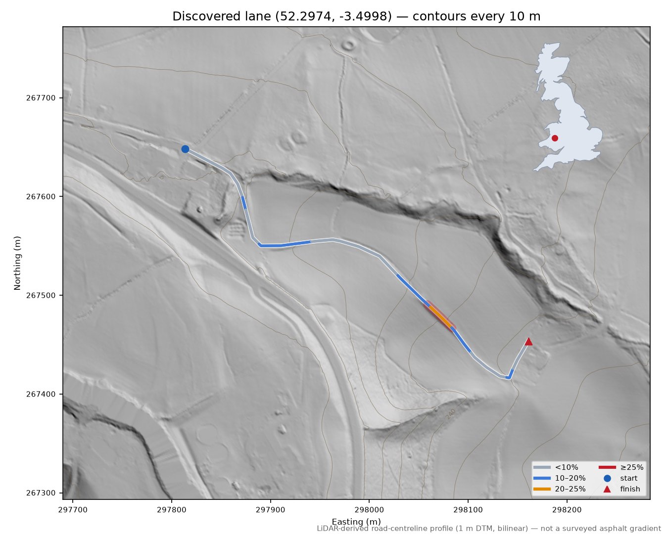 Discovered lane (52.2974, -3.4998) LiDAR hillshade map with contours
