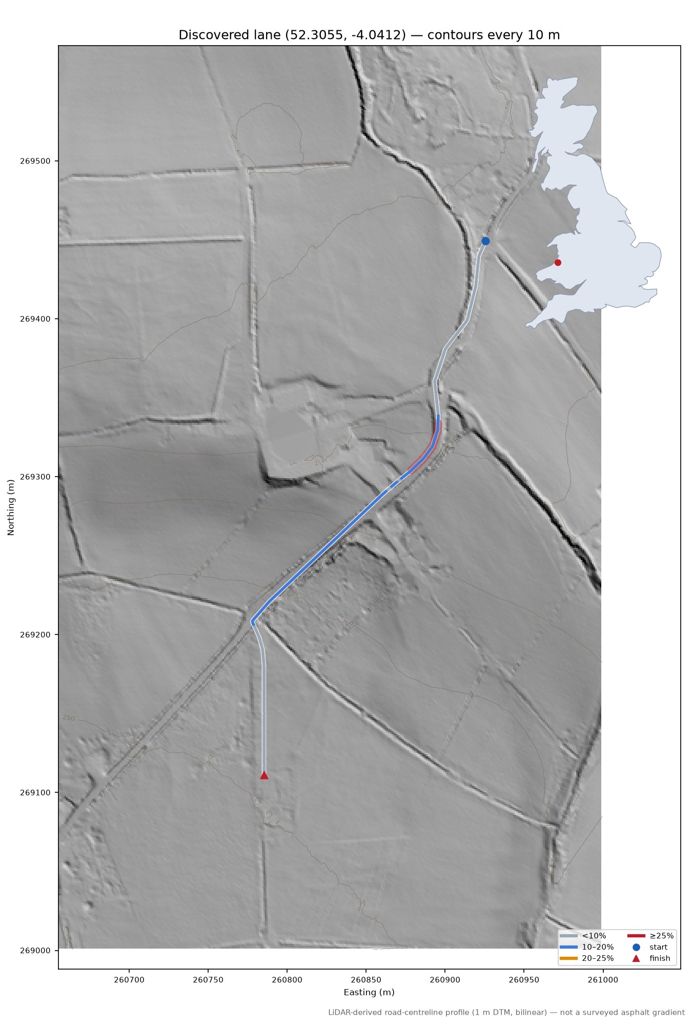Discovered lane (52.3055, -4.0412) LiDAR hillshade map with contours