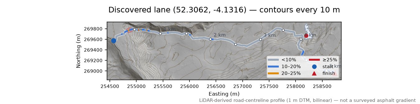 Discovered lane (52.3062, -4.1316) LiDAR hillshade map with contours