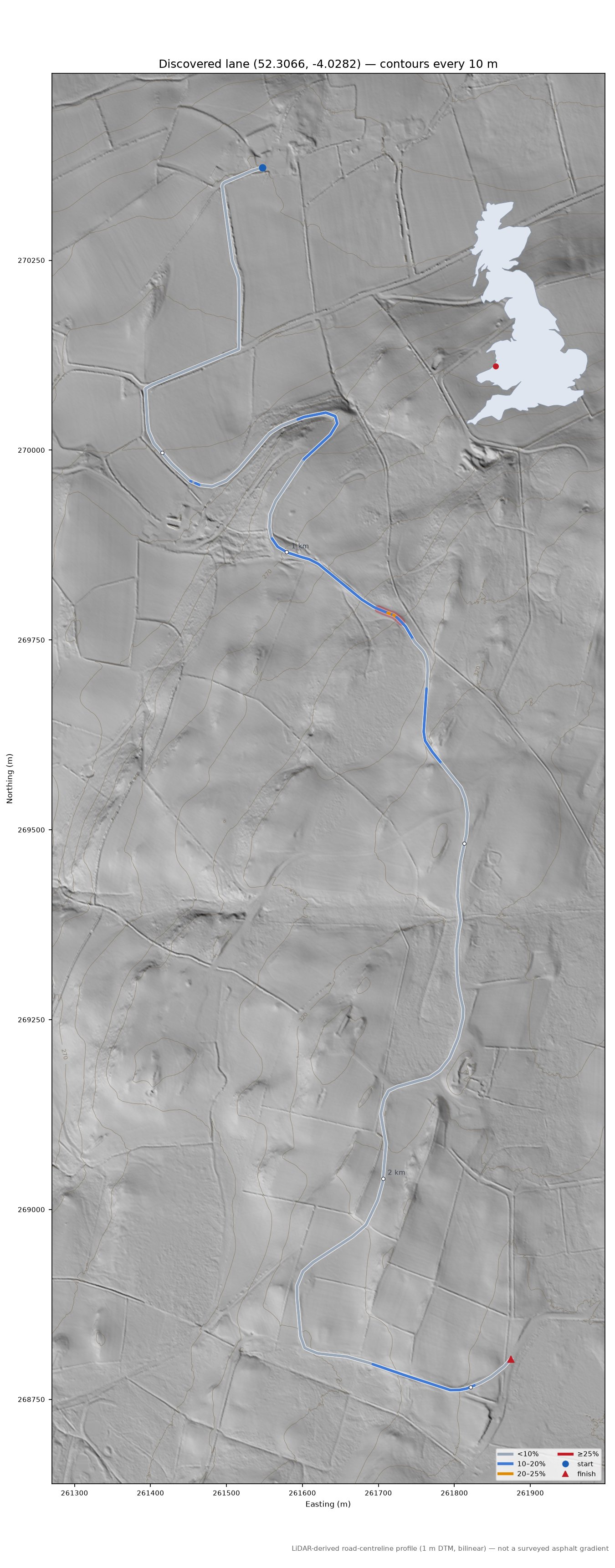Discovered lane (52.3066, -4.0282) LiDAR hillshade map with contours