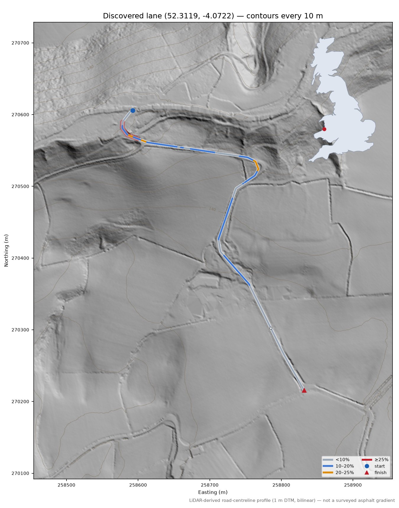 Discovered lane (52.3119, -4.0722) LiDAR hillshade map with contours