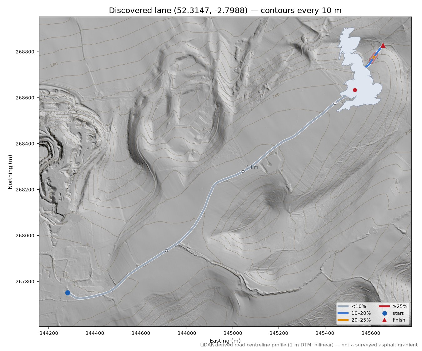 Discovered lane (52.3147, -2.7988) LiDAR hillshade map with contours