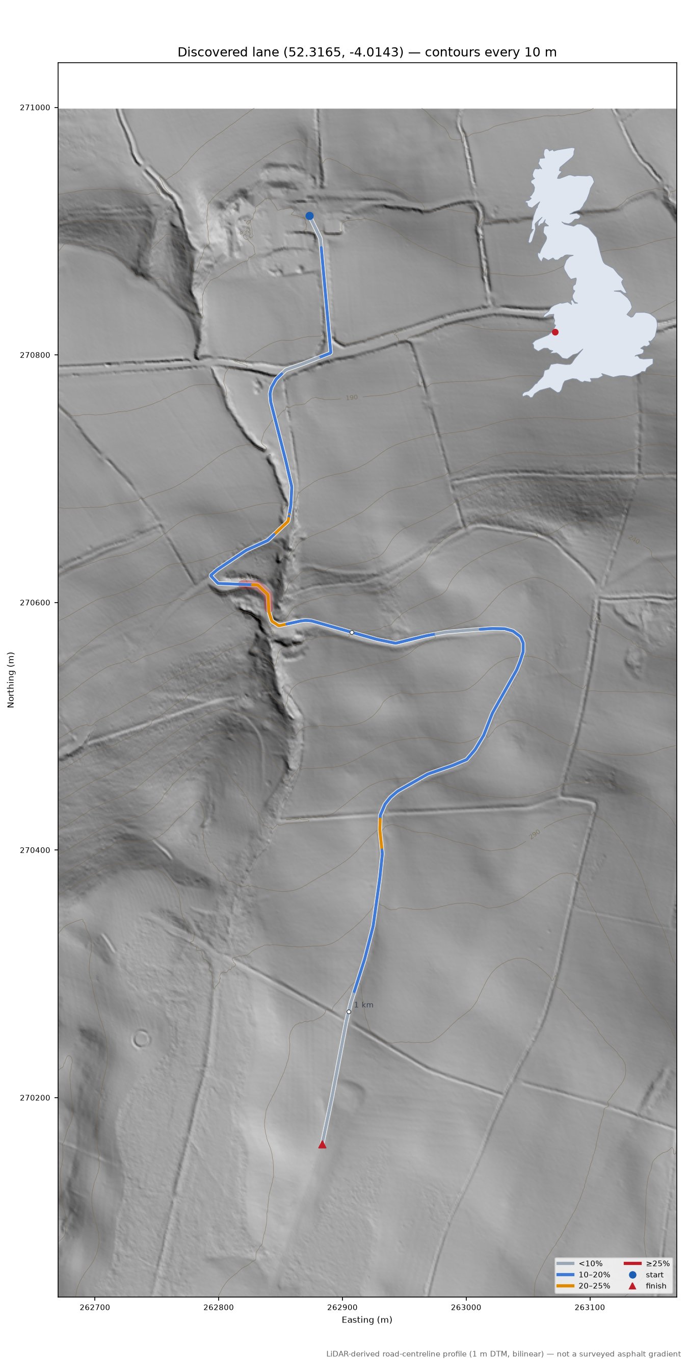 Discovered lane (52.3165, -4.0143) LiDAR hillshade map with contours