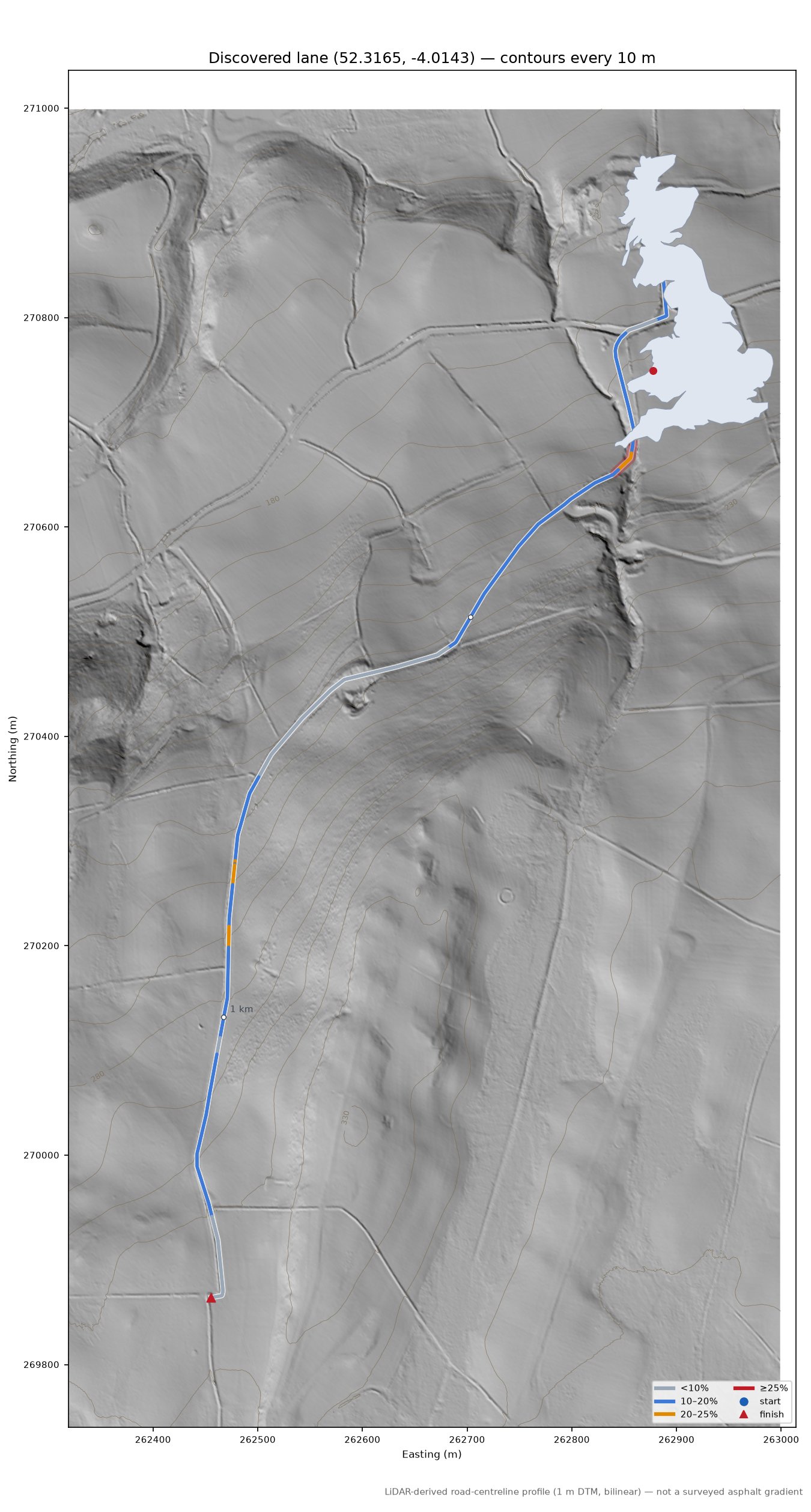 Discovered lane (52.3165, -4.0143) LiDAR hillshade map with contours