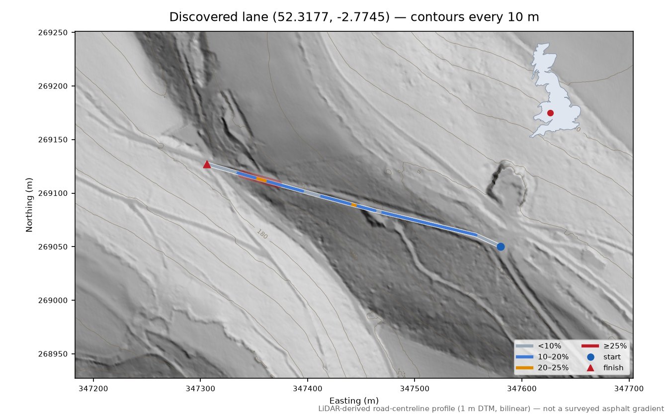 Discovered lane (52.3177, -2.7745) LiDAR hillshade map with contours
