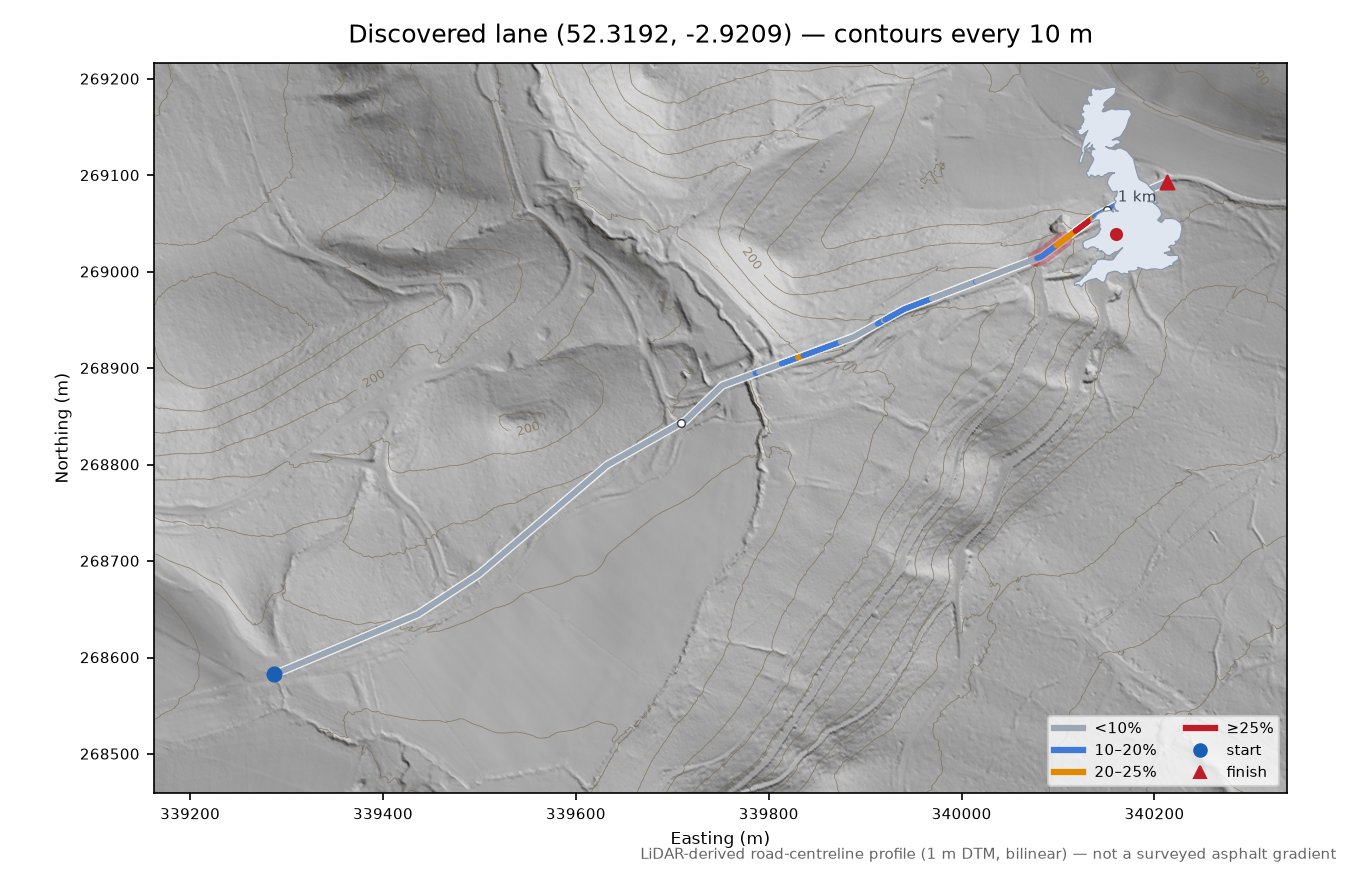 Discovered lane (52.3192, -2.9209) LiDAR hillshade map with contours