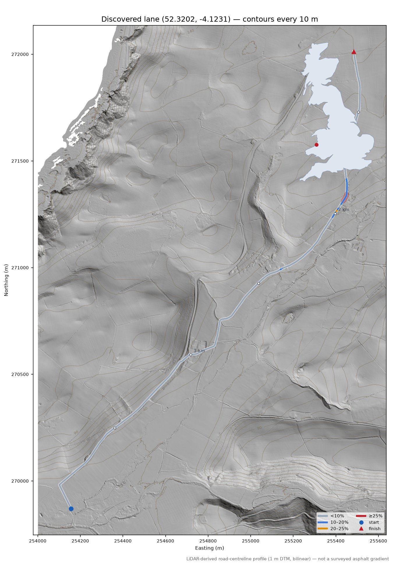 Discovered lane (52.3202, -4.1231) LiDAR hillshade map with contours