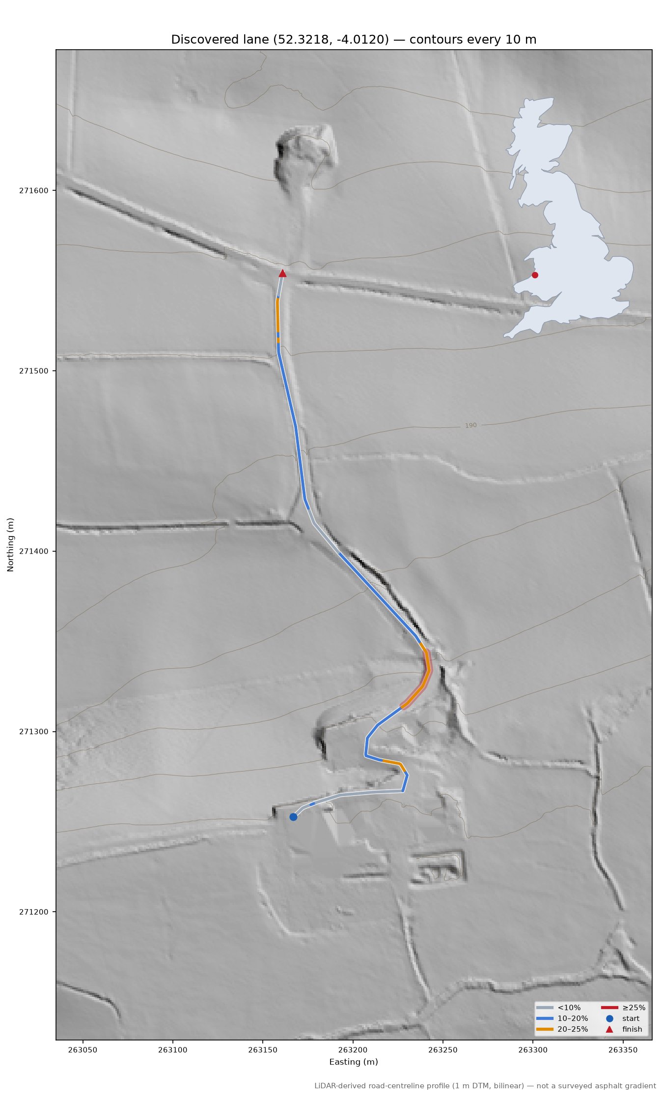Discovered lane (52.3218, -4.0120) LiDAR hillshade map with contours