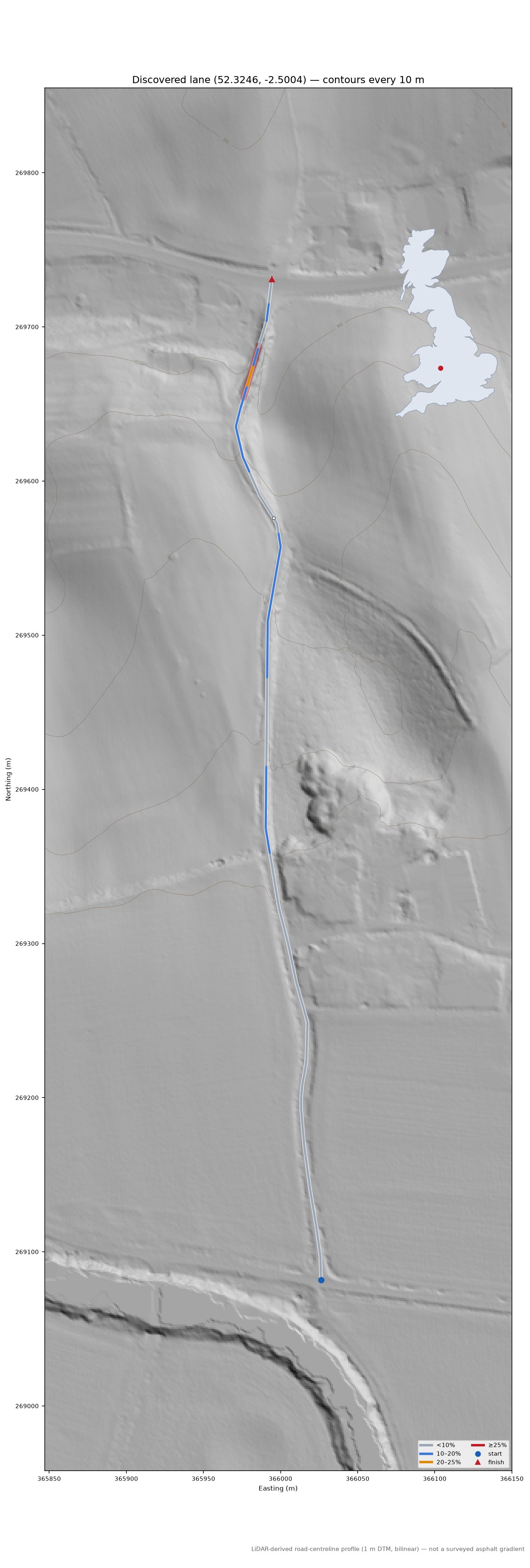 Discovered lane (52.3246, -2.5004) LiDAR hillshade map with contours