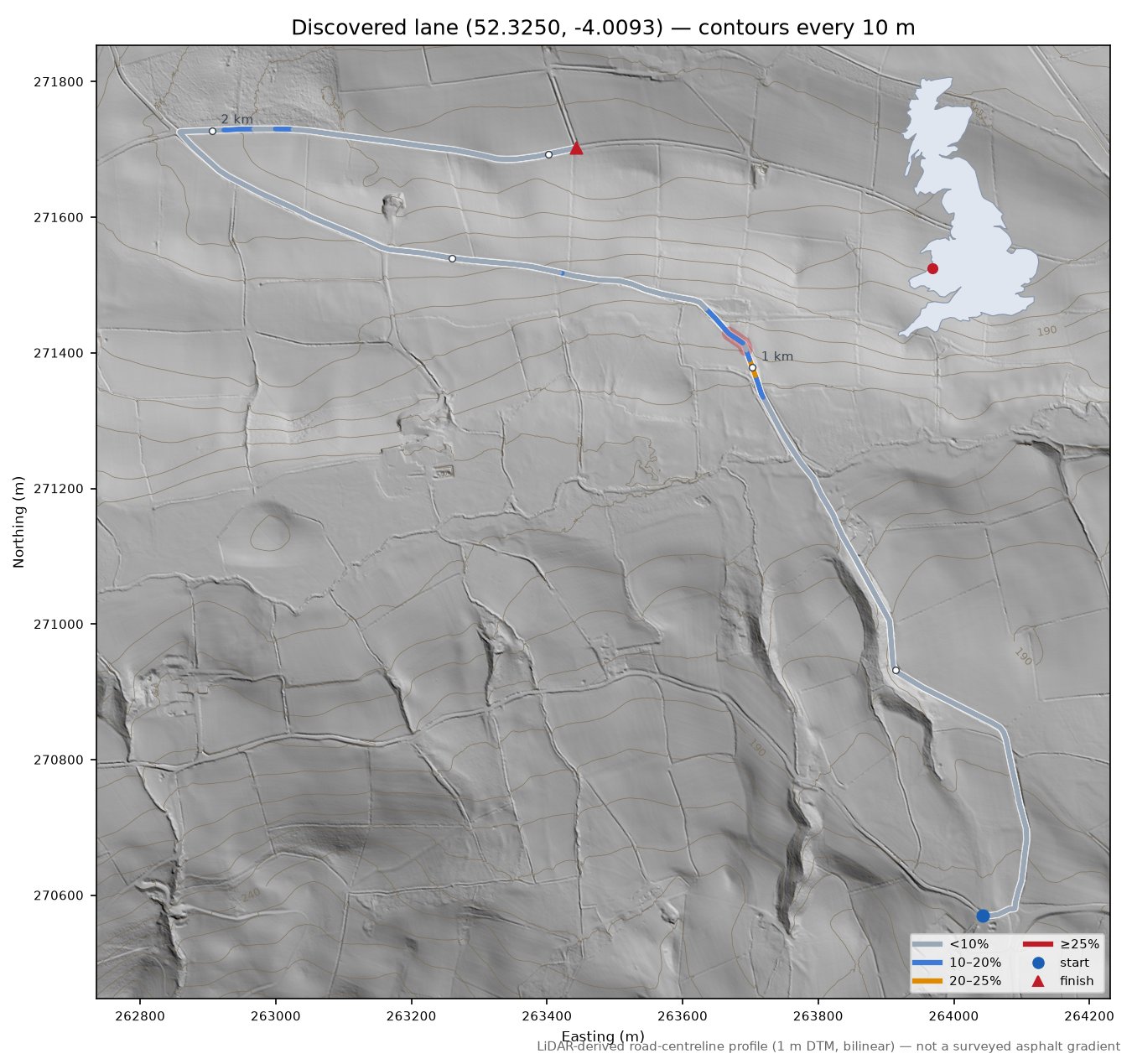 Discovered lane (52.3250, -4.0093) LiDAR hillshade map with contours