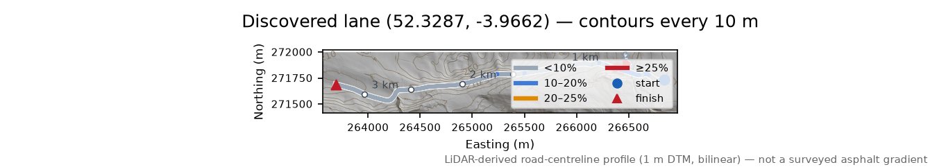 Discovered lane (52.3287, -3.9662) LiDAR hillshade map with contours