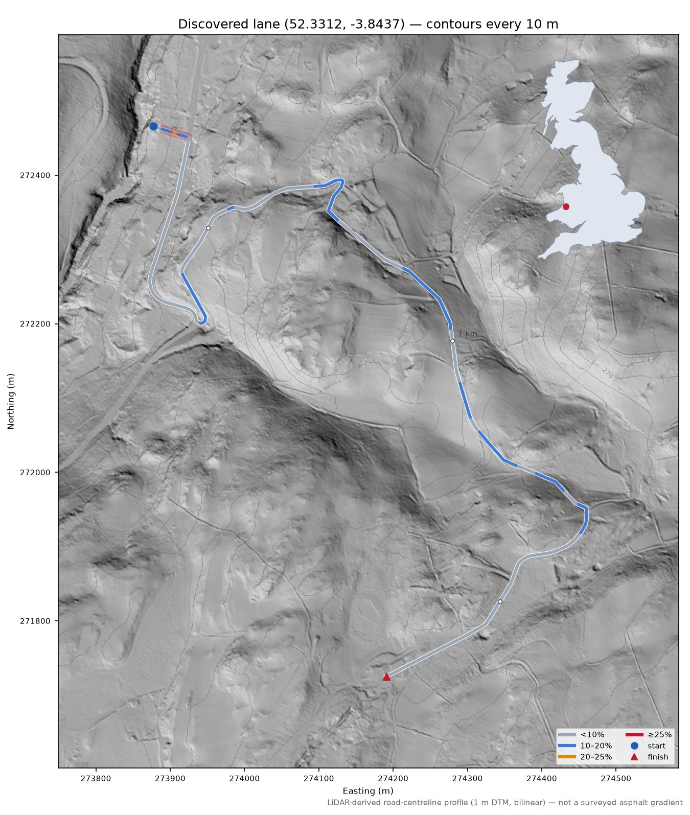 Discovered lane (52.3312, -3.8437) LiDAR hillshade map with contours