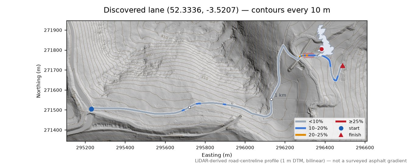 Discovered lane (52.3336, -3.5207) LiDAR hillshade map with contours