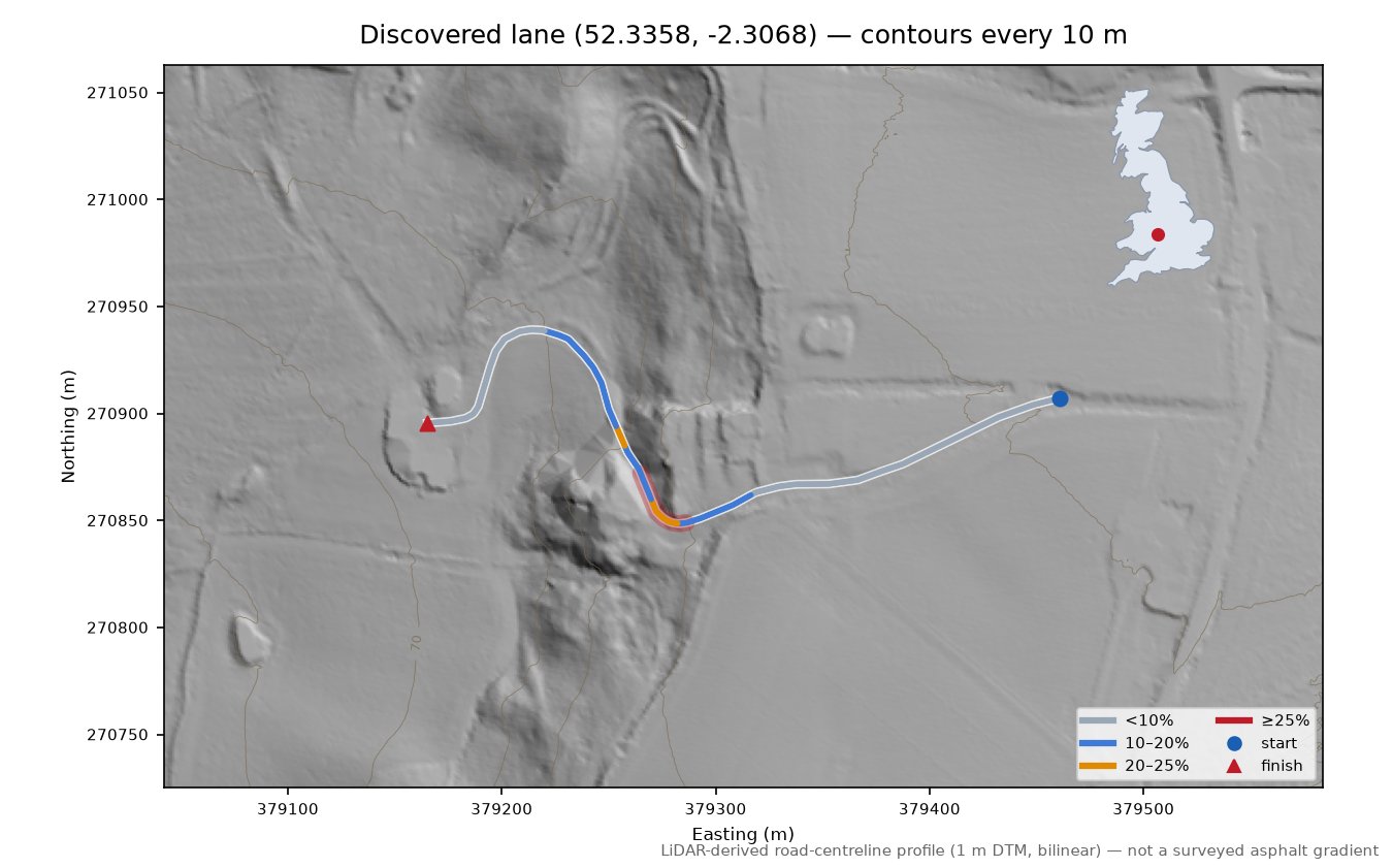 Discovered lane (52.3358, -2.3068) LiDAR hillshade map with contours