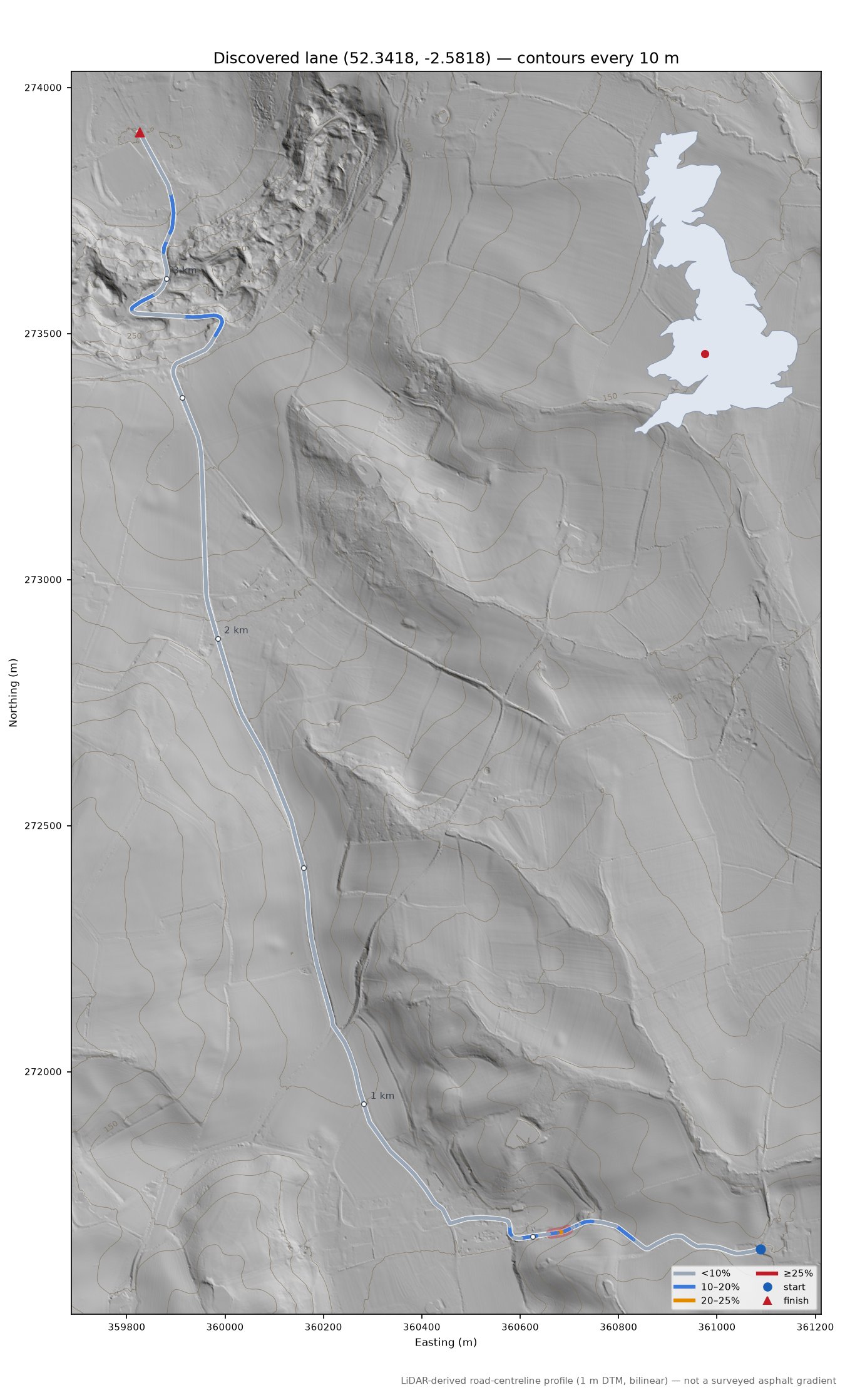 Discovered lane (52.3418, -2.5818) LiDAR hillshade map with contours