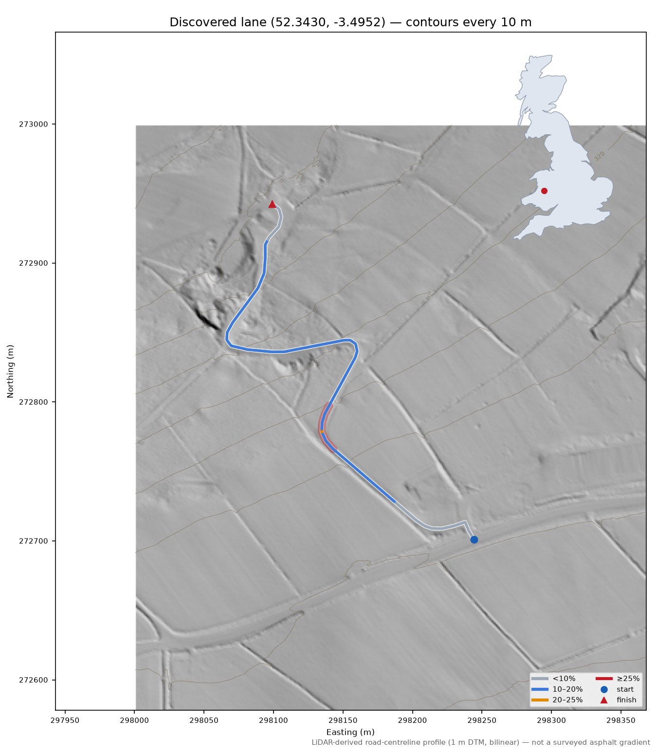 Discovered lane (52.3430, -3.4952) LiDAR hillshade map with contours