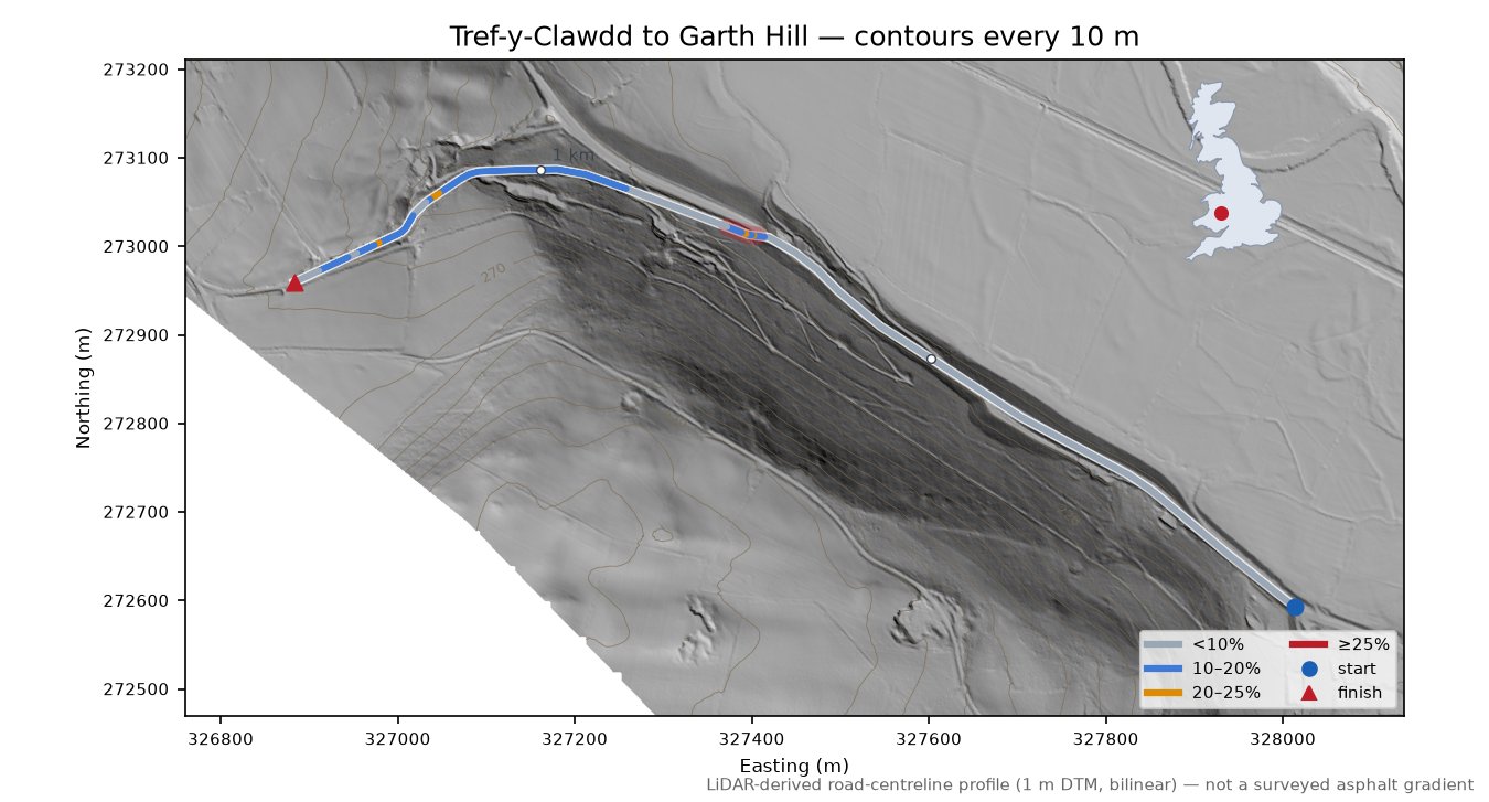 Tref-y-Clawdd to Garth Hill LiDAR hillshade map with contours