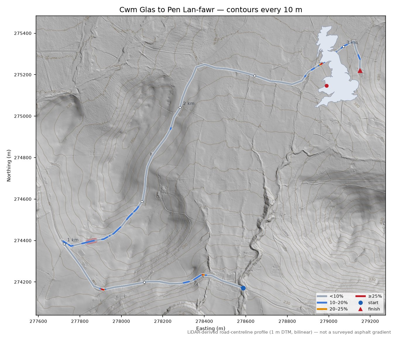Cwm Glas to Pen Lan-fawr LiDAR hillshade map with contours