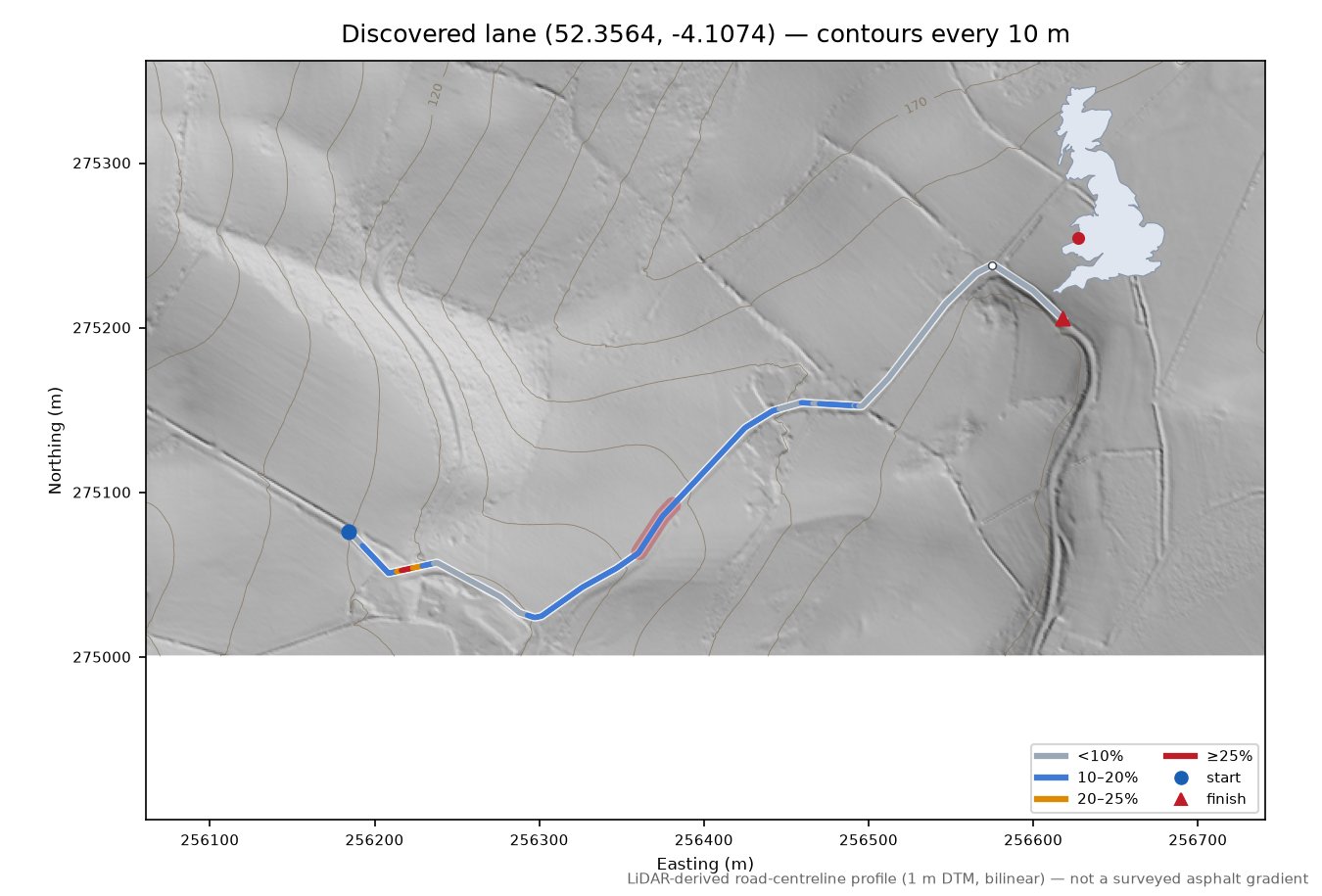 Discovered lane (52.3564, -4.1074) LiDAR hillshade map with contours