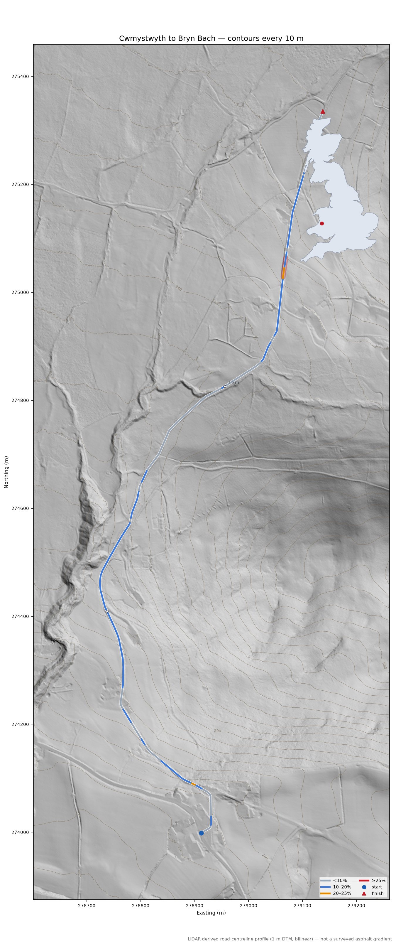 Cwmystwyth to Bryn Bach LiDAR hillshade map with contours